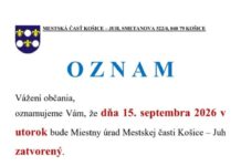 Zatvorenie miestneho úradu Košice-Juh 15. septembra
